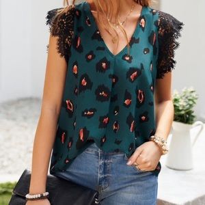 Boho Leopard Print V neck Green Lace Tank Top